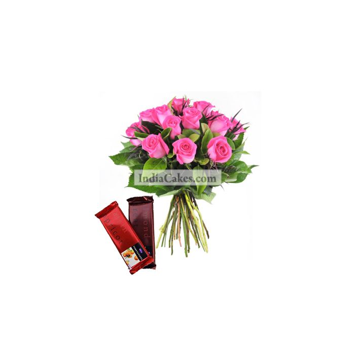 12 Pink Roses Bunch And 2 Cadbury Temptation 12 Pink Roses Bunch And 2 Cadbury Temptation