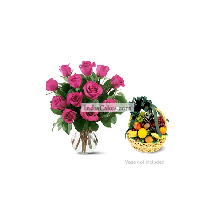 12 Pink Roses Bunch And 2 Kg Fruits Basket 12 Pink Roses Bunch And 2 Kg Fruits Basket