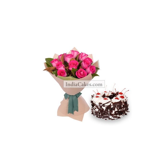 12 Pink Roses Bunch And Half Kg Black Forest Cake 12 Pink Roses Bunch And Half Kg Black Forest Cake