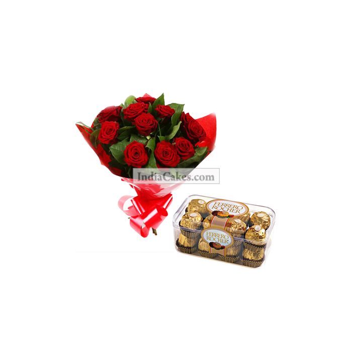 12 Red Roses Bunch And 16 Ferrero Rochers Chocolates 12 Red Roses Bunch And 16 Ferrero Rochers Chocolates