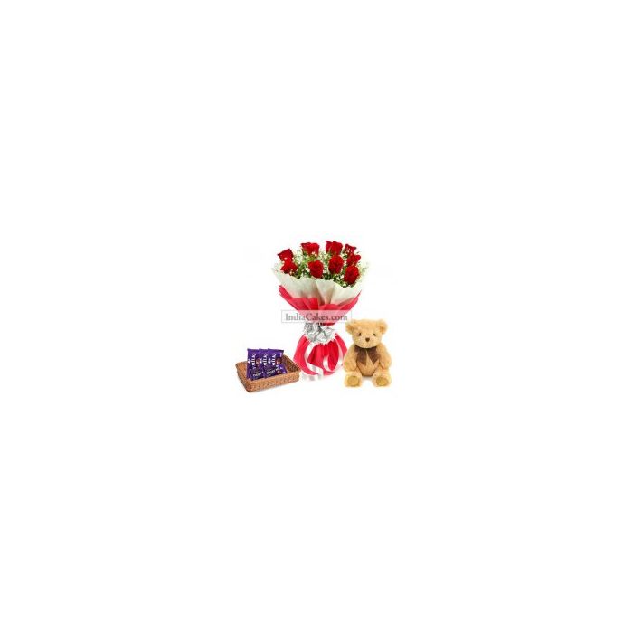 12 Red Roses Bunch And 5 Cadbury Dairy Milk Chocolate With 6 Inch Teddy 12 Red Roses Bunch And 5 Cadbury Dairy Milk Chocolate With 6 Inch Teddy