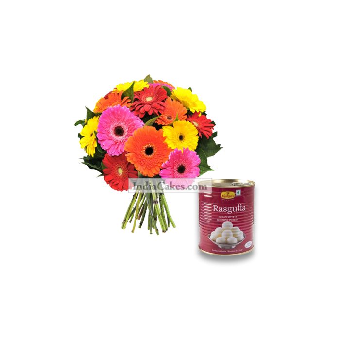 15 Mixed Gerberas Bunch And 1 Kg Rasgullas 15 Mixed Gerberas Bunch And 1 Kg Rasgullas