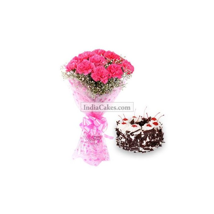 15 Pink Carnation Bunch And Half Kg Black Forest Cake 15 Pink Carnation Bunch And Half Kg Black Forest Cake
