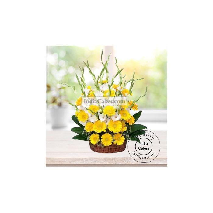 15 YELLOW GERBERAS AND 10 GLADS BASKET ARRENGEMENT 15 YELLOW GERBERAS AND 10 GLADS BASKET ARRENGEMENT