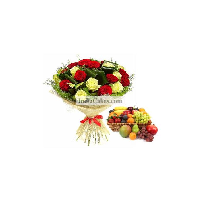 18 Red And Yellow Roses Bunch And 2 Kg Seasonal Fruits Basket 18 Red And Yellow Roses Bunch And 2 Kg Seasonal Fruits Basket