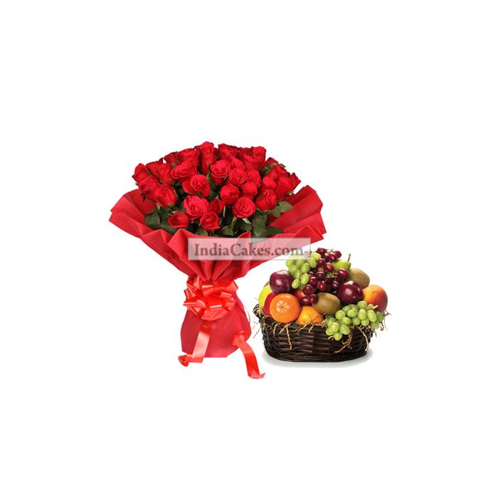 20 Red Roses Bunch And 2 Kg Fresh Fruits Basket 20 Red Roses Bunch And 2 Kg Fresh Fruits Basket