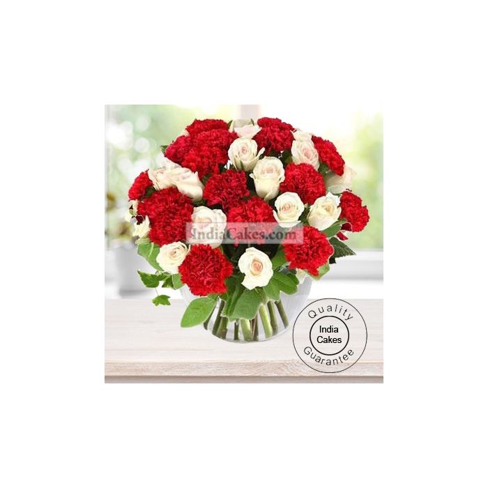 ARRANGEMENT OF 20 WHITE ROSES AND 10 RED CARNATION ARRANGEMENT OF 20 WHITE ROSES AND 10 RED CARNATION