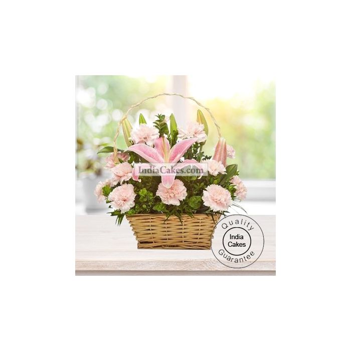 ARRANGEMENT OF LILLIUM AND CARNATION IN A BASKET ARRANGEMENT OF LILLIUM AND CARNATION IN A BASKET