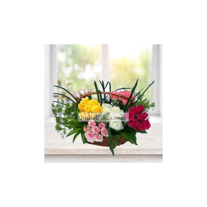Mix Roses Arrangement in Basket Mix Roses Arrangement in Basket