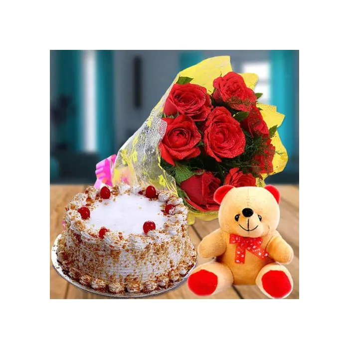 Eggless Half Kg Flavorous Butterscotch Cake with 6 Red Roses Bunch and 6 Inch Teddy Bear