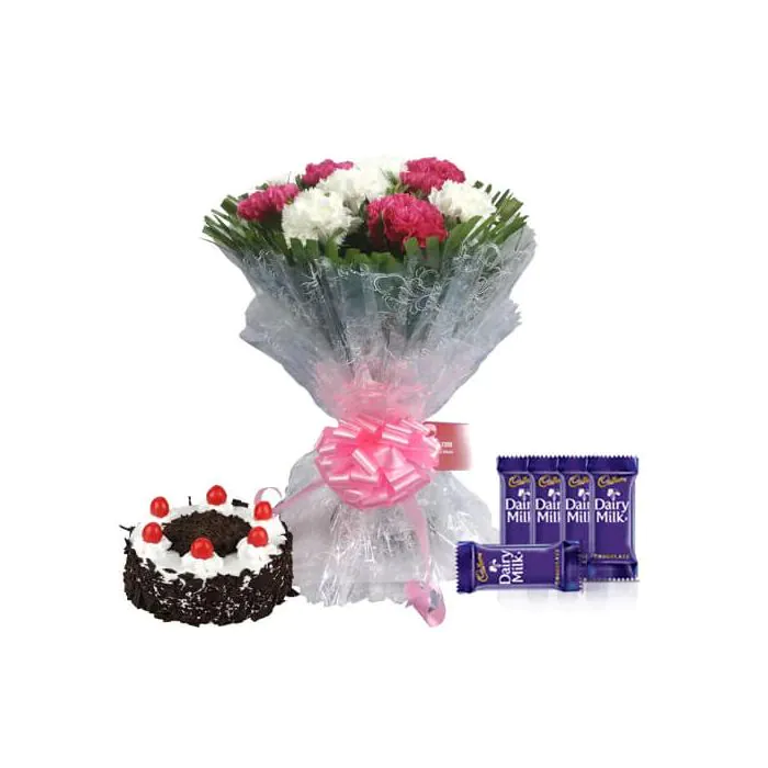 Eggless Half Kgs Black Forest Cake with 6 Mix Carnation Bunch and 5 Chocolates
