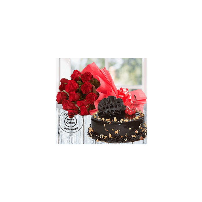 Half Kg Choco Almond Cake with 12 Red Roses Half Kg Choco Almond Cake with 12 Red Roses