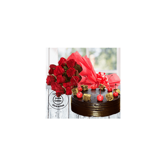 Half Kg chocolate Cherry Top Truffle Cake with 12 Red Roses Half Kg chocolate Cherry Top Truffle Cake with 12 Red Roses
