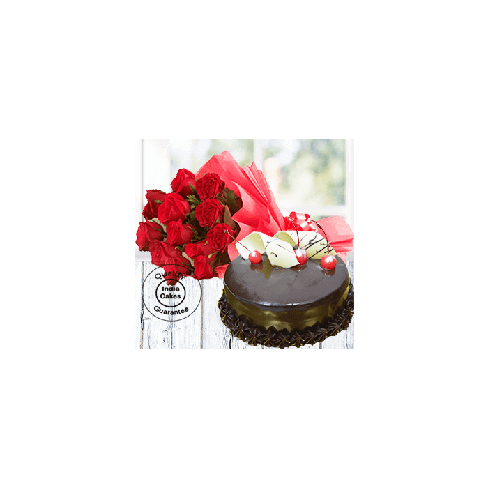 Half Kg Chocolate Gateu Cake with 12 Red Roses Half Kg Chocolate Gateu Cake with 12 Red Roses