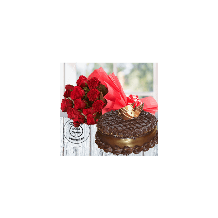 Half Kg Chocolate Truffle Torte Cake with 12 Red Roses Half Kg Chocolate Truffle Torte Cake with 12 Red Roses