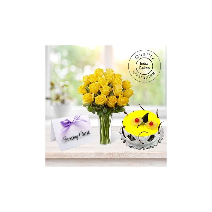 1/2 Kg Pineapple Cake-6 Yellow Roses Bunch, Greeting Card 1/2 Kg Pineapple Cake-6 Yellow Roses Bunch, Greeting Card