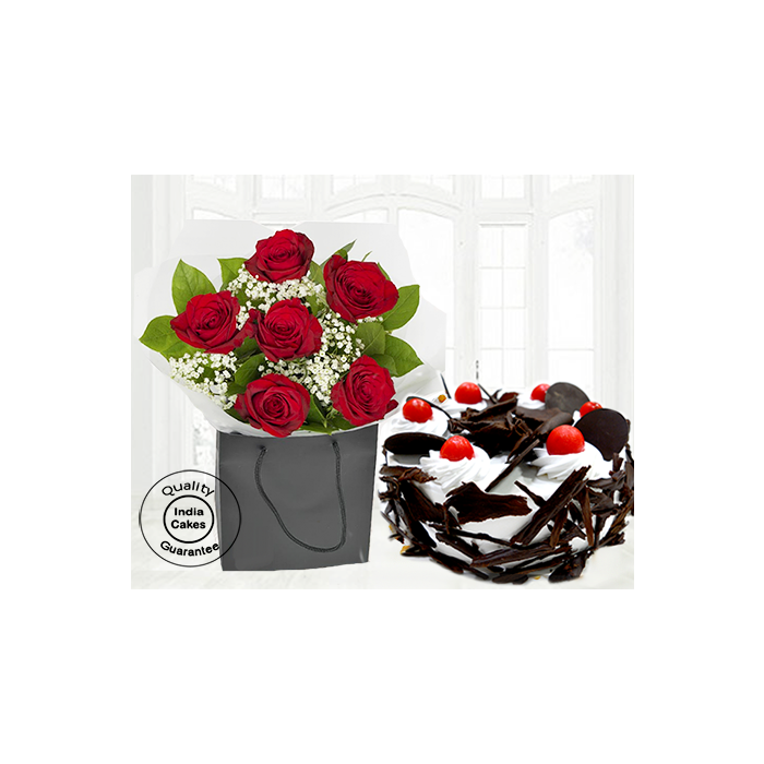 Half Kg Rich Black Forest Cake with Cherry 6 Red Roses