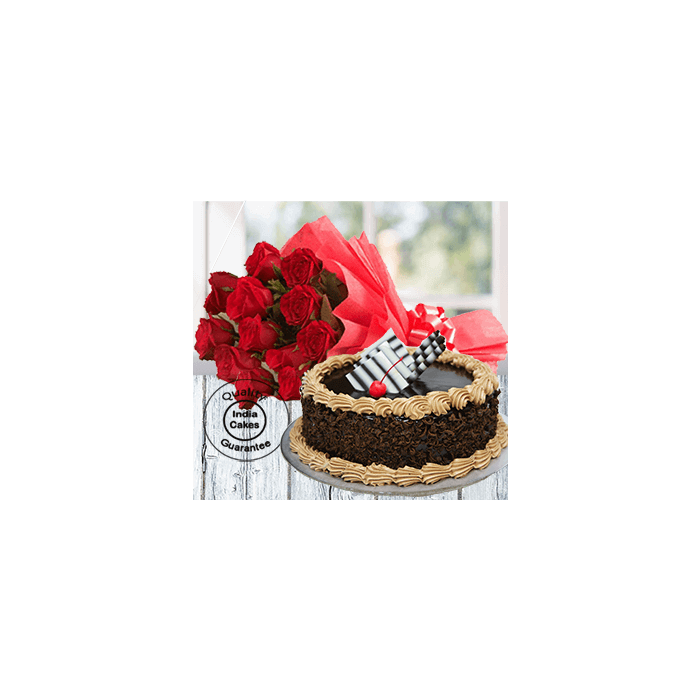 Half Kg Rich Choco Truffle Cake with 12 Red Roses Half Kg Rich Choco Truffle Cake with 12 Red Roses