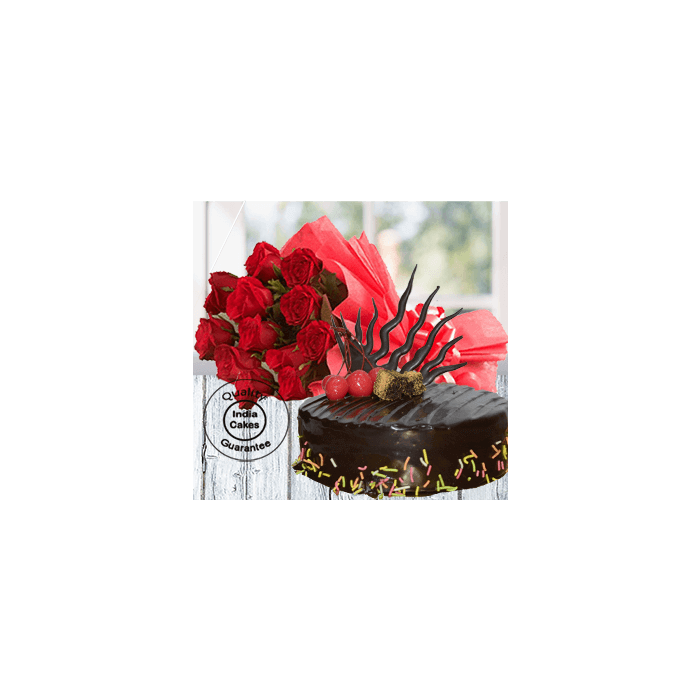 Half Kg Rich Chocolate Truffle Cake 12 Red Roses Half Kg Rich Chocolate Truffle Cake 12 Red Roses