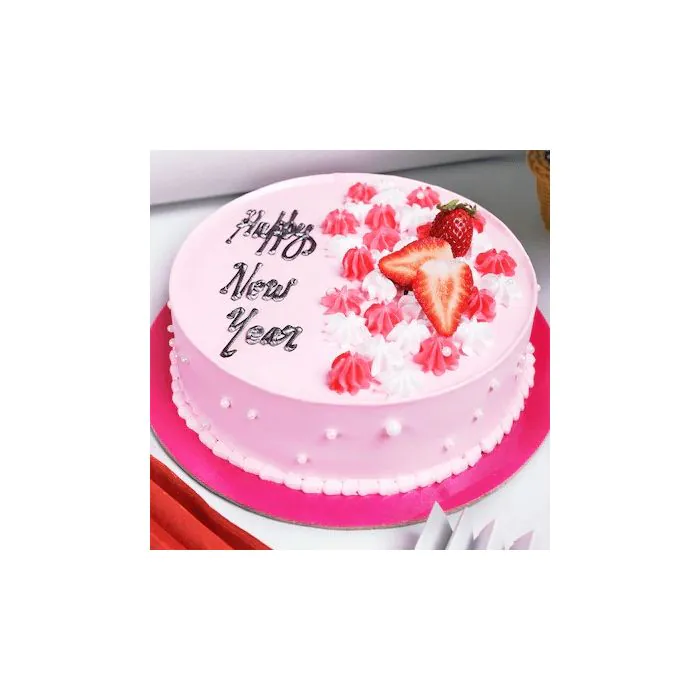 Eggless Happy New Year Strawberry Cake