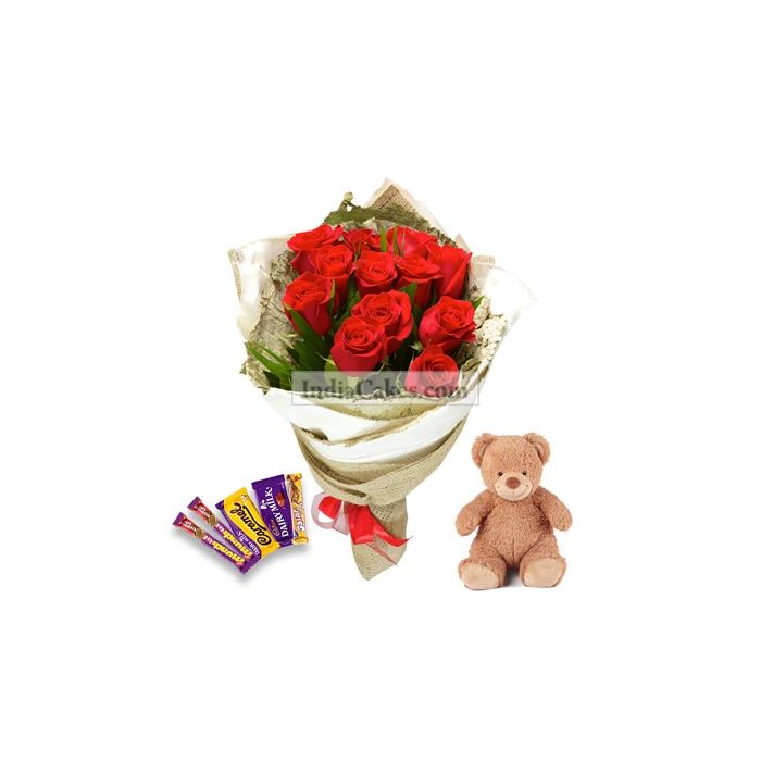 12 Red Roses And Teddy Bear With 5 Assorted Chocolates 12 Red Roses And Teddy Bear With 5 Assorted Chocolates