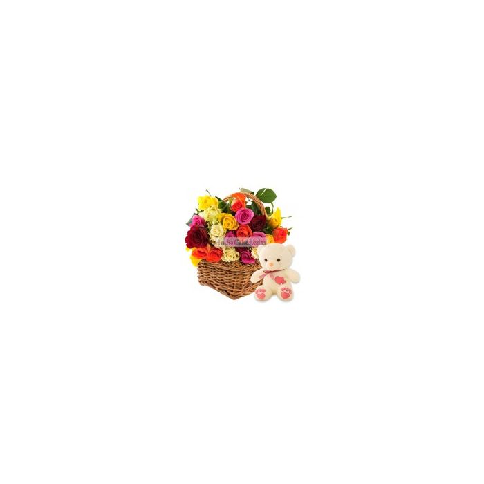 15 Mix Roses in Basket with Teddy Bear 15 Mix Roses in Basket with Teddy Bear