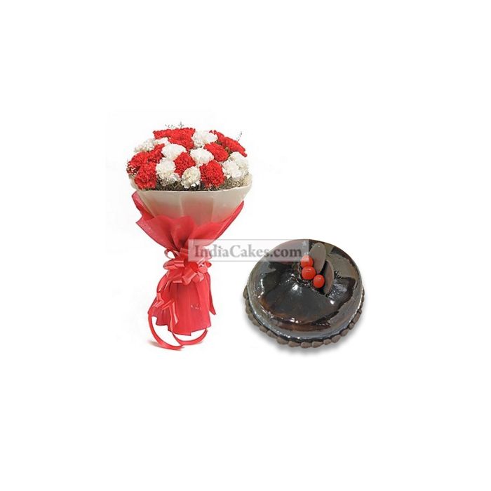 1 Kg Chocolate Cake with 12 Red and White Carnations Bunch