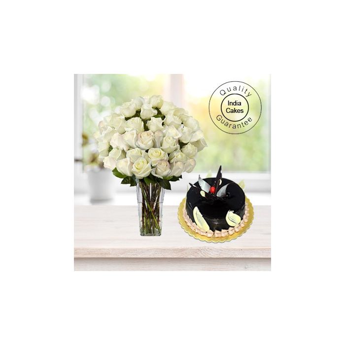 1 KG CHOCOLATE CAKE WITH 36 WHITE ROSES BUNCH 1 KG CHOCOLATE CAKE WITH 36 WHITE ROSES BUNCH