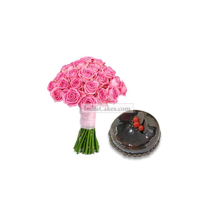 20 Pink Roses Bunch and 1 Kg Chocolate Cake 20 Pink Roses Bunch and 1 Kg Chocolate Cake