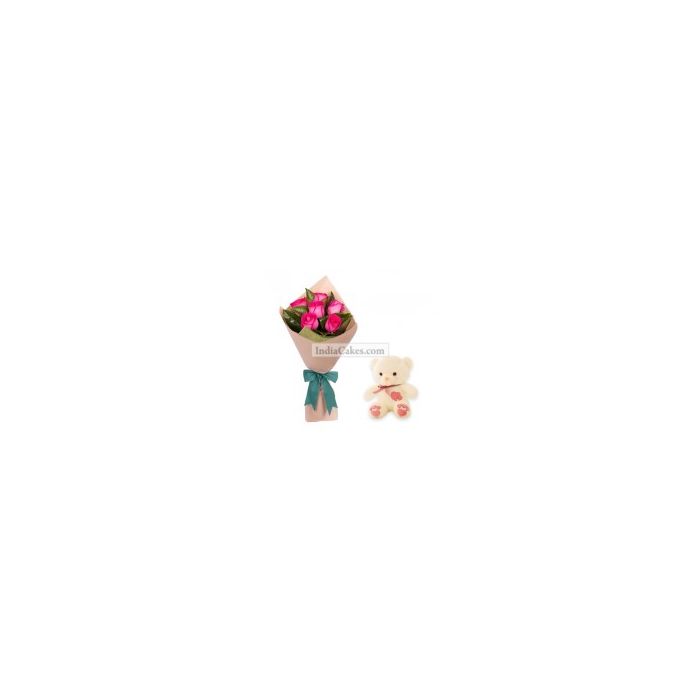 6 Pink Rose Bunch And 1 Teddy Bear 6 Pink Rose Bunch And 1 Teddy Bear