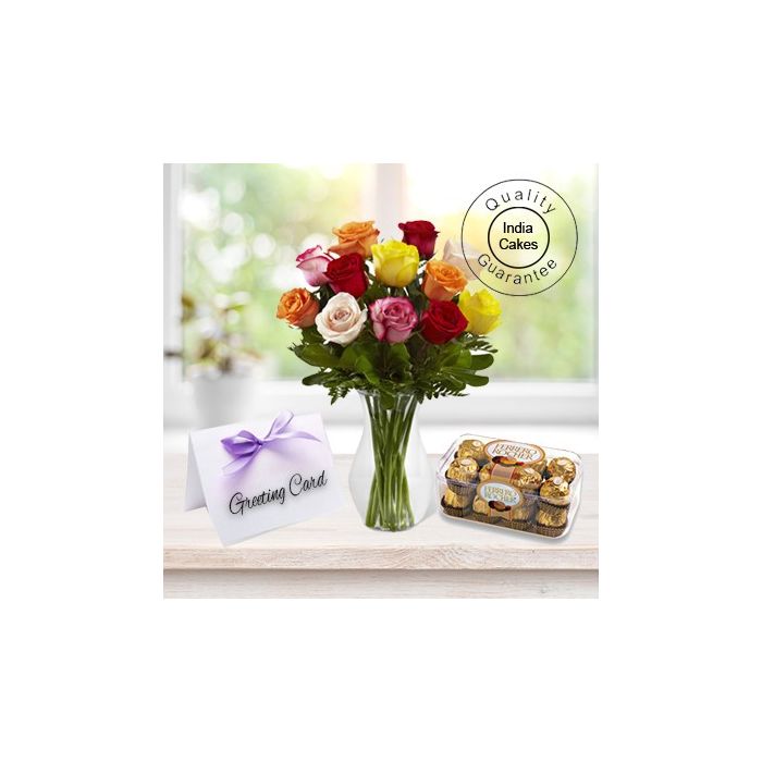 6 Mix Flowers Bunch,16 Pcs Ferero Rocher Chocolates,1 Greeting Card