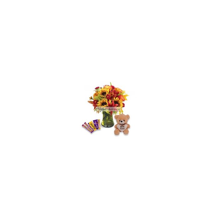 6 Mix Flowers Bunch,1 Teddy Bear and 5 Assorted Cadbury Chocolates