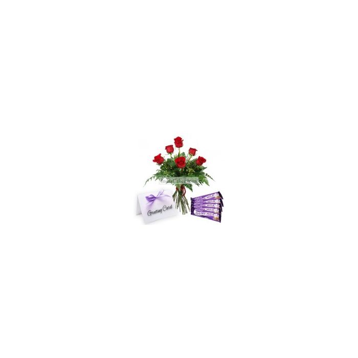 6 Red Rose Bunch,5 Cadbury Chocolate Bars,1 Greeting Card 6 Red Rose Bunch,5 Cadbury Chocolate Bars,1 Greeting Card