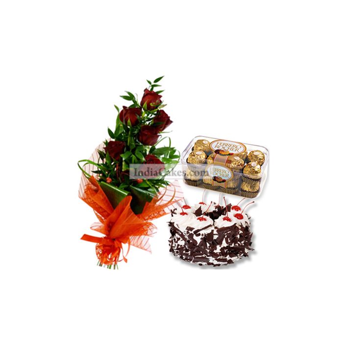6 Red Rose Bunch,1/2 Kg Black Forest Cake , 16 Pcs Ferrero Rocher Chocolates
