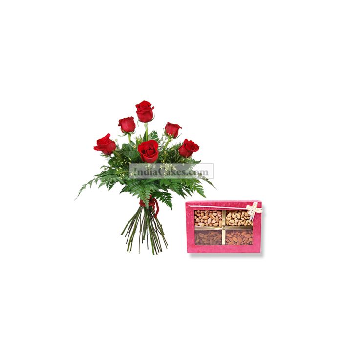 6Red Rose Bunch with 1 Kg Assorted Dry Fruits 6Red Rose Bunch with 1 Kg Assorted Dry Fruits