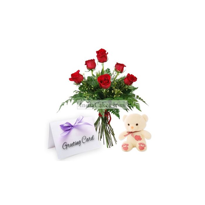 6 Red Roses Bunch , 1 Teddy Bear and Greeting Card