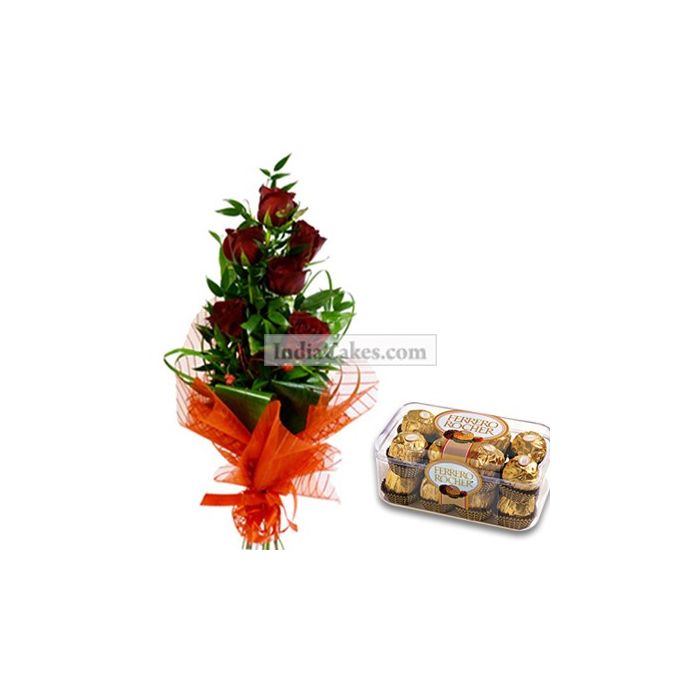 6 Red Roses Bunch and 16 Pcs Ferrero Rocher Chocolates 6 Red Roses Bunch and 16 Pcs Ferrero Rocher Chocolates