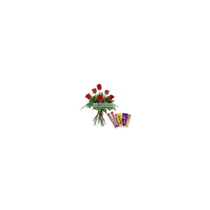 6 Red Roses Bunch with 5 Assorted Chocolates @ Rs10/- each 6 Red Roses Bunch with 5 Assorted Chocolates @ Rs10/- each