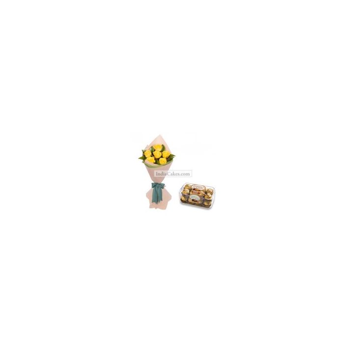 6 Yellow Roses Bunch and 16 Pcs Ferrero Rocher Chocolates