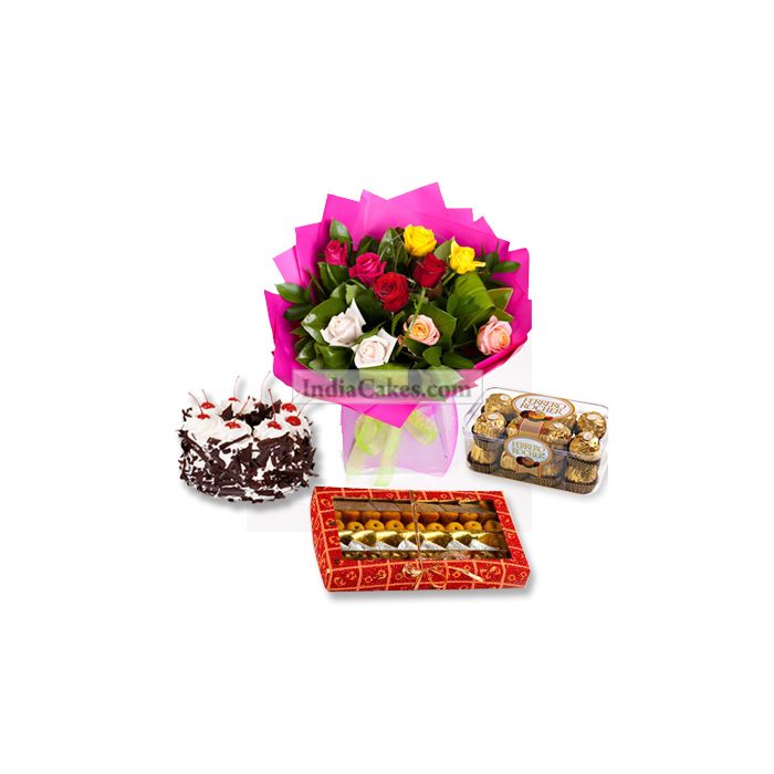 1/2 Kg Black Forest Cake 16 Pcs Ferero Rocher Chocolates 1/4 Kg Assorted Sweets 10 Mix Roses 1/2 Kg Black Forest Cake 16 Pcs Ferero Rocher Chocolates 1/4 Kg Assorted Sweets 10 Mix Roses