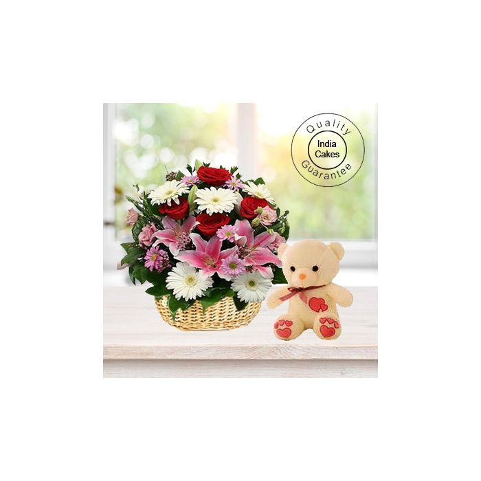 15 MIX ROSES IN BASKET WITH TEDDY BEAR 15 MIX ROSES IN BASKET WITH TEDDY BEAR