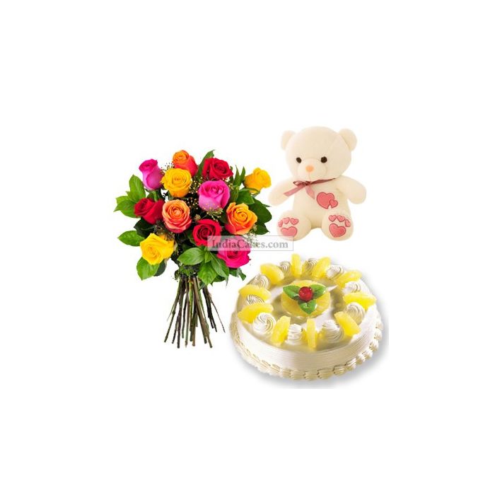 1 Kg Pineapple Cake-6 Mix Roses Bunch-Teddy Bear 1 Kg Pineapple Cake-6 Mix Roses Bunch-Teddy Bear