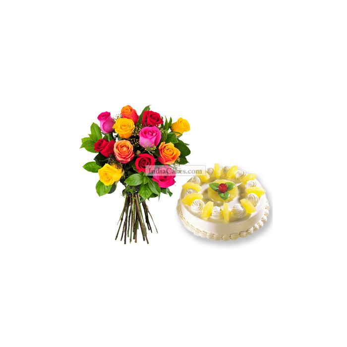 1.5 Kg Eggless Pineapple Cake with 12 Mix Roses Bunch 1.5 Kg Eggless Pineapple Cake with 12 Mix Roses Bunch