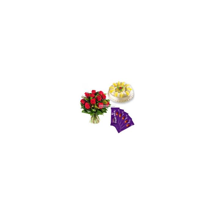Eggless Pineapple Cake Half Kg with 6 Red Roses Bunch and 5 Chocolates