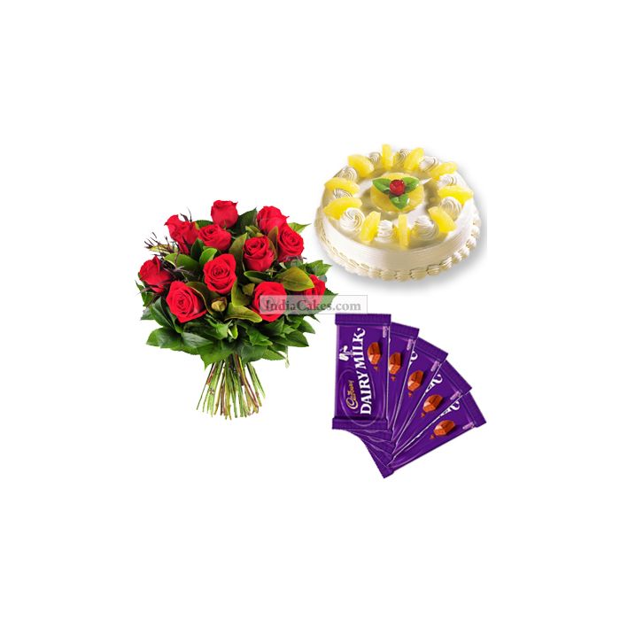 1 Kg Pineapple Cake-6 Red Roses Bunch-5Chocolates