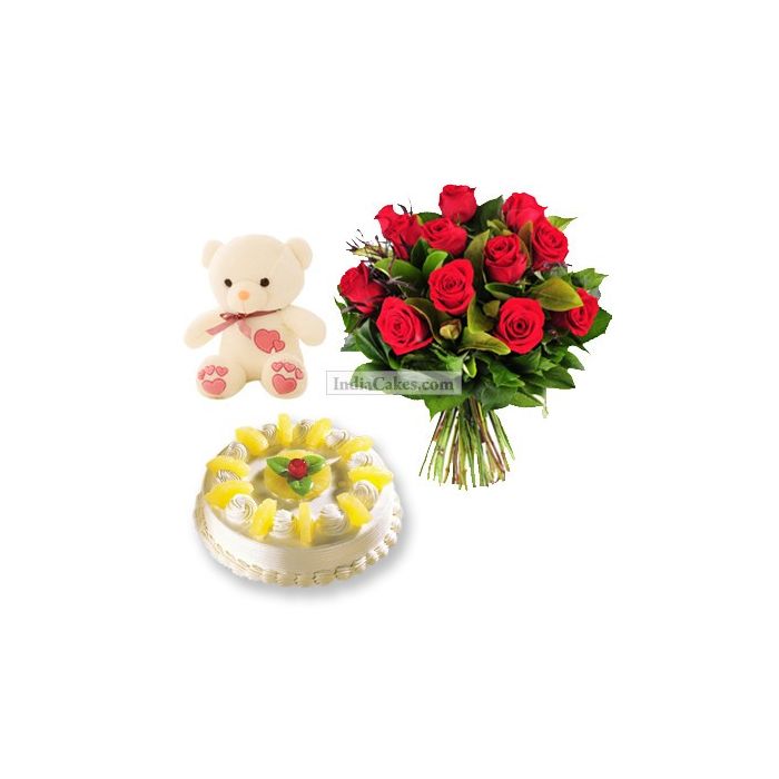 1 Kg Pineapple Cake-6 Red Roses Bunch-Teddy Bear 1 Kg Pineapple Cake-6 Red Roses Bunch-Teddy Bear