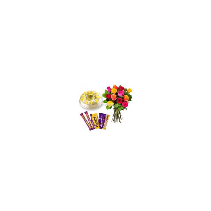 Eggless Pineapple Cake Half Kg with 6 Mix Roses Bunch and 5 Chocolates