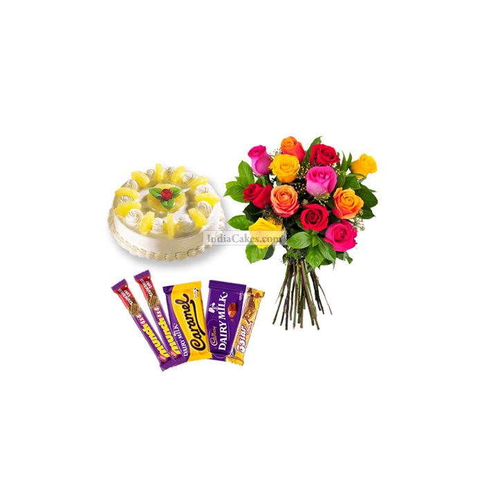 Half Kg Pineapple Cake-6 Mix Roses Bunch-5 Chocolates