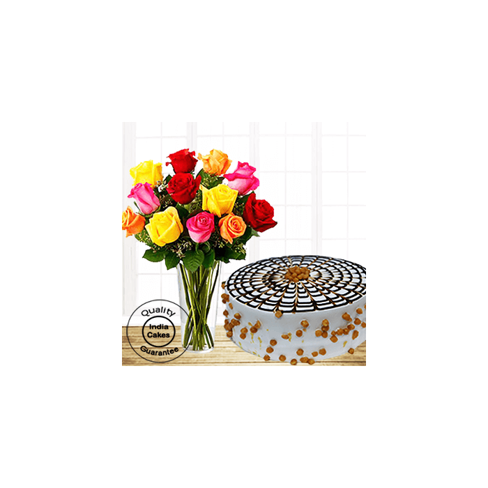 Online Butterscotch Half Kg Cake with 12 Mix Roses Online Butterscotch Half Kg Cake with 12 Mix Roses