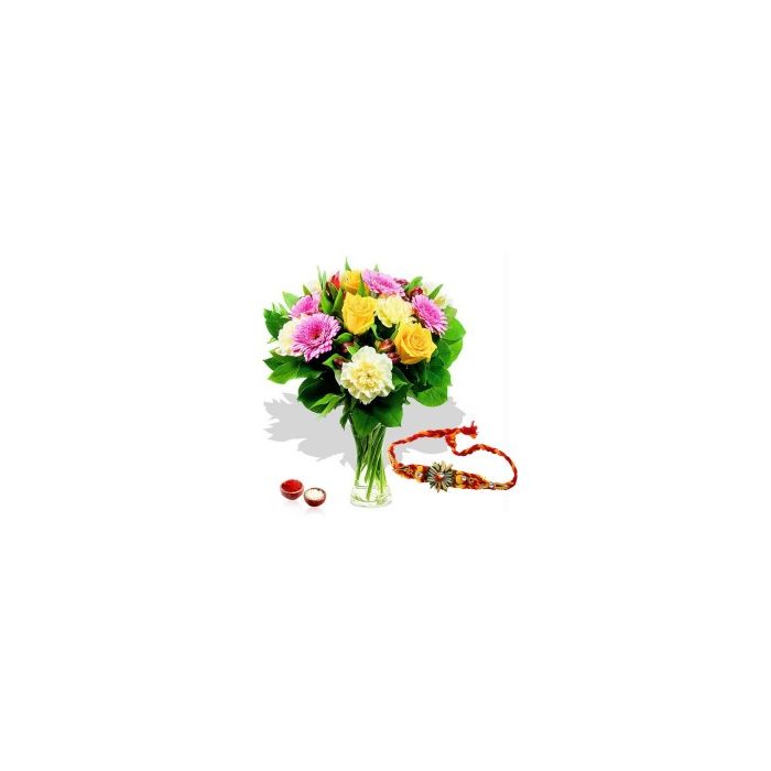 10 Mix Flowers In Vase With Rakhi 10 Mix Flowers In Vase With Rakhi